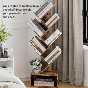 Aobafuir 6-Tier Tree Book Shelf, Open Side Standing Bookcase Shelf, Wooden Bookshelves Storage Rack for CD/Book, Utility Organizer Shelves for Living Room,Bedroom, Rustic Brown