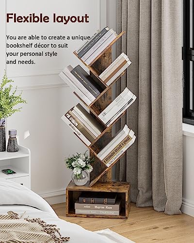 Aobafuir 6-Tier Tree Book Shelf, Open Side Standing Bookcase Shelf, Wooden Bookshelves Storage Rack for CD/Book, Utility Organizer Shelves for Living Room,Bedroom, Rustic Brown