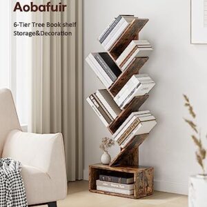 Aobafuir 6-Tier Tree Book Shelf, Open Side Standing Bookcase Shelf, Wooden Bookshelves Storage Rack for CD/Book, Utility Organizer Shelves for Living Room,Bedroom, Rustic Brown