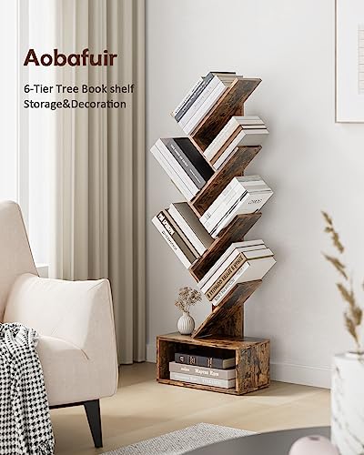 Aobafuir 6-Tier Tree Book Shelf, Open Side Standing Bookcase Shelf, Wooden Bookshelves Storage Rack for CD/Book, Utility Organizer Shelves for Living Room,Bedroom, Rustic Brown