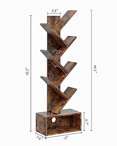 Aobafuir 6-Tier Tree Book Shelf, Open Side Standing Bookcase Shelf, Wooden Bookshelves Storage Rack for CD/Book, Utility Organizer Shelves for Living Room,Bedroom, Rustic Brown