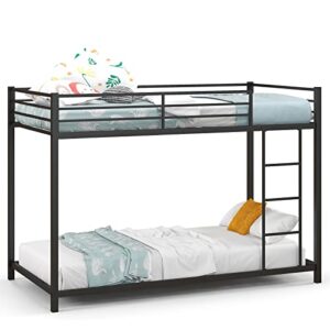 komfott metal low bunk bed twin over twin, heavy duty bunk bed frame with ladder & full-length guardrails, metal slatted floor bed frame for teens & adults, no box spring needed (black)