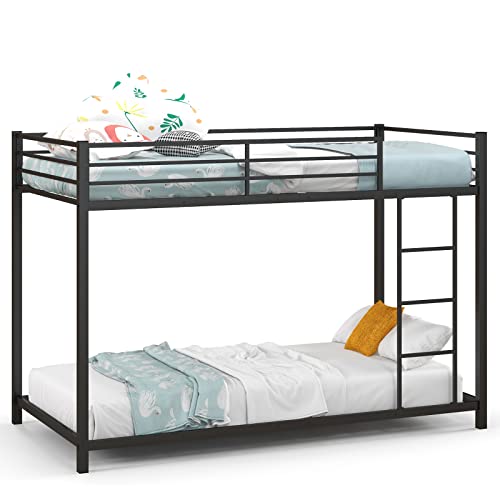 KOMFOTT Metal Low Bunk Bed Twin Over Twin, Heavy Duty Bunk Bed Frame with Ladder & Full-Length Guardrails, Metal Slatted Floor Bed Frame for Teens & Adults, No Box Spring Needed (Black)