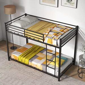 KOMFOTT Metal Low Bunk Bed Twin Over Twin, Heavy Duty Bunk Bed Frame with Ladder & Full-Length Guardrails, Metal Slatted Floor Bed Frame for Teens & Adults, No Box Spring Needed (Black)