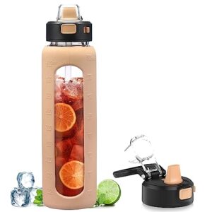 kodrine water bottle with soft straw and carry loop, 32 oz glass water bottle, bottle with locking lid leakproof, sports water jug, motivational drinking bottles for gym travel home, amber
