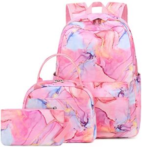 bluboon teen girls school backpack kids bookbag set with lunch box pencil case travel laptop backpack casual daypacks (marble pink-blue)