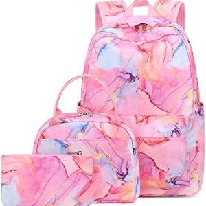 Bluboon Teen Girls School Backpack Kids Bookbag Set with Lunch Box Pencil Case Travel Laptop Backpack Casual Daypacks (Marble Pink-Blue)