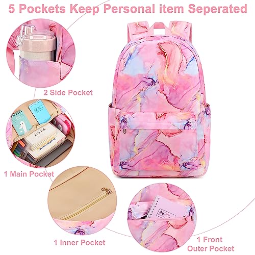 Bluboon Teen Girls School Backpack Kids Bookbag Set with Lunch Box Pencil Case Travel Laptop Backpack Casual Daypacks (Marble Pink-Blue)