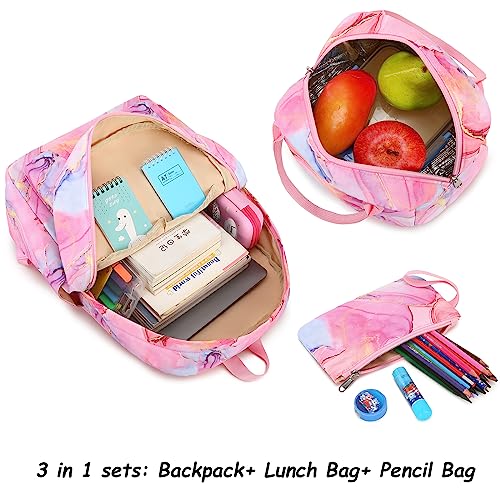 Bluboon Teen Girls School Backpack Kids Bookbag Set with Lunch Box Pencil Case Travel Laptop Backpack Casual Daypacks (Marble Pink-Blue)