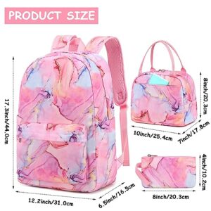 Bluboon Teen Girls School Backpack Kids Bookbag Set with Lunch Box Pencil Case Travel Laptop Backpack Casual Daypacks (Marble Pink-Blue)