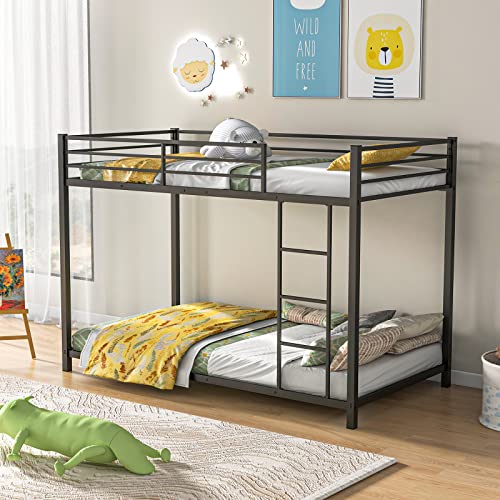 Giantex Metal Bunk Bed Twin Over Twin, Low Profile Bunk Bed Frame with Ladder & Full Length Guardrail, Space-Saving Twin Size Bed Frame for Kids Teens, No Box Spring Needed, Black