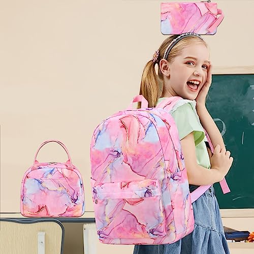 Bluboon Teen Girls School Backpack Kids Bookbag Set with Lunch Box Pencil Case Travel Laptop Backpack Casual Daypacks (Marble Pink-Blue)