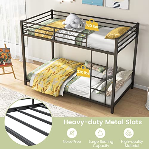 Giantex Metal Bunk Bed Twin Over Twin, Low Profile Bunk Bed Frame with Ladder & Full Length Guardrail, Space-Saving Twin Size Bed Frame for Kids Teens, No Box Spring Needed, Black