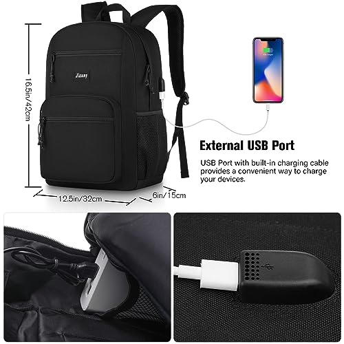 Jiauny School Backpack,Bookbag Lightweight Backpack Classic Scoolbag with USB Charging Port for High School Teens College Students Work Office Adult,Black