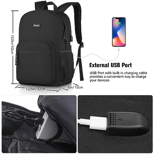 Jiauny School Backpack,Lightweight Bookbag Classic Scoolbag Laptop Backpack with USB Charging Port for High School Teens College Students Work Office Adult,Black