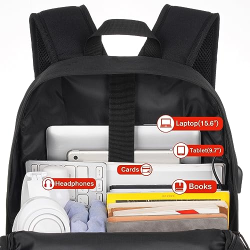 Jiauny School Backpack,Lightweight Bookbag Classic Scoolbag Laptop Backpack with USB Charging Port for High School Teens College Students Work Office Adult,Black