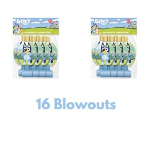 Unique Bluey Party Favors Bundle - 16 Loot Bags and 16 Blowouts, Happy Birthday Sticker - Party Supplies Goodie Bags, Birthday Party Favor Bags and Decorations - Officially Licensed