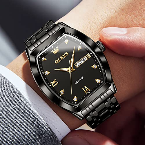 OLEVS Watch for Men Business Dress Diamond Analog Quartz Date Luxury Men Watches Black Casual Stainless Steel Waterproof Luminous Two Tone Man Wrist Watch Square