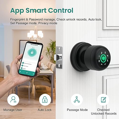 GHome 4 IN 1 Smart Fingerprint Door Knob with Keypad Door Lock, Biometric Smart Door Knobs & App Control, Keyless Entry Door Lock Great for Home, Bedroom, Apartment Offices and Garages