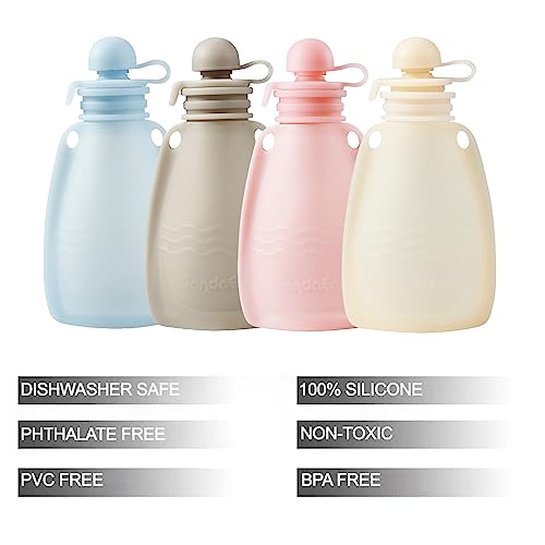 PandaEar Reusable Silicone Baby Food Pouches, 4 Pack Squeeze Pouches for Toddler Kids, BPA-Free Silicone Refillable Baby Food Storage, 5.5 oz