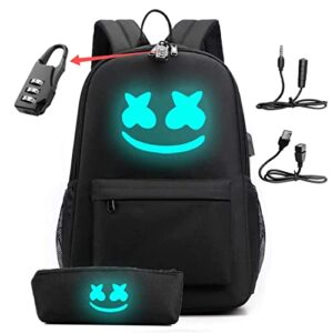 taizicity smile luminous backpack with usb charging port & anti-theft lock & bookbag daypack laptop backpack (black)