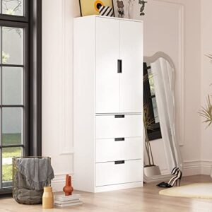 homsee wardrobe armoire with 2 doors, hanging rod & 3 drawers, wooden closet storage cabinet with adjustable hanging rod for bedroom, white (27.6”l x 15.7”w x 70.9”h)