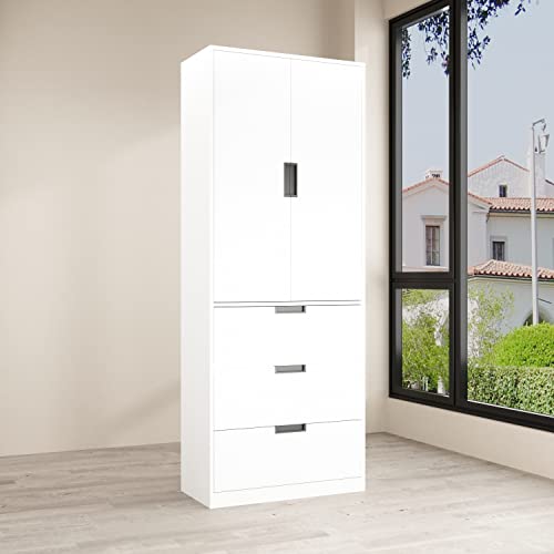 Homsee Wardrobe Armoire with 2 Doors, Hanging Rod & 3 Drawers, Wooden Closet Storage Cabinet with Adjustable Hanging Rod for Bedroom, White (27.6”L x 15.7”W x 70.9”H)