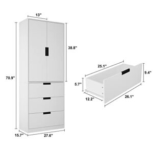 Homsee Wardrobe Armoire with 2 Doors, Hanging Rod & 3 Drawers, Wooden Closet Storage Cabinet with Adjustable Hanging Rod for Bedroom, White (27.6”L x 15.7”W x 70.9”H)