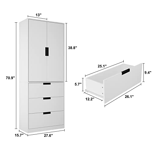 Homsee Wardrobe Armoire with 2 Doors, Hanging Rod & 3 Drawers, Wooden Closet Storage Cabinet with Adjustable Hanging Rod for Bedroom, White (27.6”L x 15.7”W x 70.9”H)