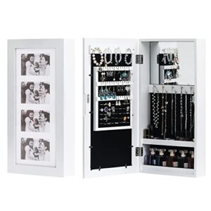 bonnlo jewelry armoire with photo frame, 23.62 x 11.81 x 3.55 inch, small storage jewelry cabinet organizer, wall mount (white)