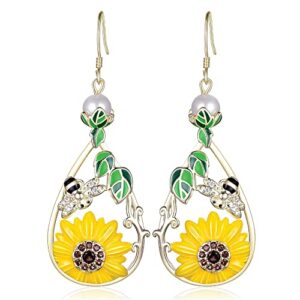 Evabelle Sunflower Daisy Flower Bee Earrings for Women Pearl Drop Dangle Summer Earrings 14K Gold Plated CZ Enamel Prom Earrings for Women Trendy for Birthday Anniversary Jewelry Gift for Her (Sunflower Earrings)