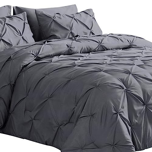 JOLLYVOGUE Bed in a Bag 7-Pieces, Dark Grey Queen/Full Comforter Set for All Season, Pintuck Bedding Sets with 1 Comforter, 1 Flat Sheet, 1 Fitted Sheet, 2 Pillowcases & 2 PillowShams