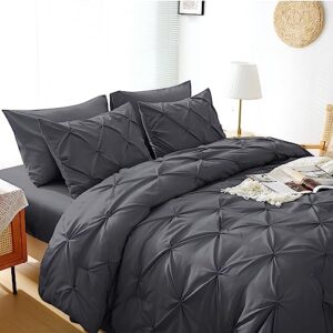 JOLLYVOGUE Bed in a Bag 7-Pieces, Dark Grey Queen/Full Comforter Set for All Season, Pintuck Bedding Sets with 1 Comforter, 1 Flat Sheet, 1 Fitted Sheet, 2 Pillowcases & 2 PillowShams