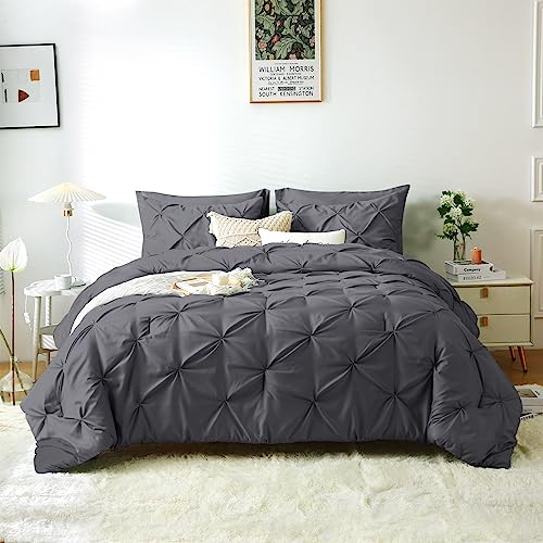 JOLLYVOGUE Bed in a Bag 7-Pieces, Dark Grey Queen/Full Comforter Set for All Season, Pintuck Bedding Sets with 1 Comforter, 1 Flat Sheet, 1 Fitted Sheet, 2 Pillowcases & 2 PillowShams