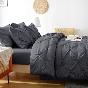 JOLLYVOGUE Bed in a Bag 7-Pieces, Dark Grey Queen/Full Comforter Set for All Season, Pintuck Bedding Sets with 1 Comforter, 1 Flat Sheet, 1 Fitted Sheet, 2 Pillowcases & 2 PillowShams