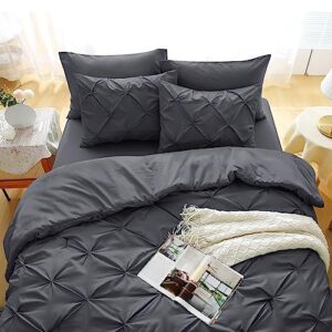 JOLLYVOGUE Bed in a Bag 7-Pieces, Dark Grey Queen/Full Comforter Set for All Season, Pintuck Bedding Sets with 1 Comforter, 1 Flat Sheet, 1 Fitted Sheet, 2 Pillowcases & 2 PillowShams