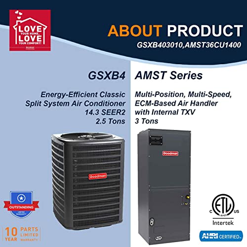 Goodman 2.5 Ton 15.0 SEER2 Energy-Efficient Single Stage Split System Air Conditioner GSXB403010 and Multi-Positional Multi-Speed Air Handler AMST36CU1400 with Internal TXV
