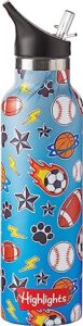 highlights insulated water bottle for kids, 20-ounce stainless steel water bottles for boys and girls, double wall vacuum insulated, kids water bottle for school (sports - blue)