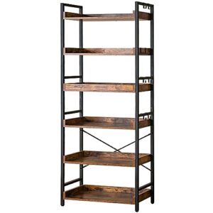 hchqhs bookshelf adjustable 6 tier open bookcase,rustic farmhouse book shelves, industrial wood and black metal bookshelves,mid century bookcase for home office living room bedroom (rustic, 6 tier)