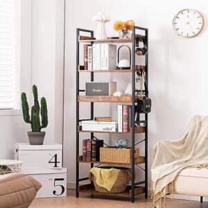 HCHQHS Bookshelf Adjustable 6 Tier Open Bookcase,Rustic Farmhouse Book Shelves, Industrial Wood and Black Metal Bookshelves,Mid Century Bookcase for Home Office Living Room Bedroom (Rustic, 6 Tier)