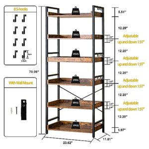 HCHQHS Bookshelf Adjustable 6 Tier Open Bookcase,Rustic Farmhouse Book Shelves, Industrial Wood and Black Metal Bookshelves,Mid Century Bookcase for Home Office Living Room Bedroom (Rustic, 6 Tier)