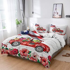 puerto rico red truck duvet cover set cali king,4 pieces funny frog hibiscus flowers bed sheet sets soft comforter cover with flat sheet 2 pillow shams for teen/man/woman/toddler flag wood grain