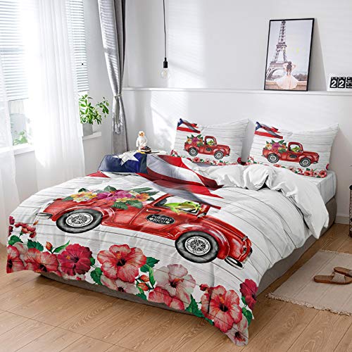 Puerto Rico Red Truck Duvet Cover Set Cali King,4 Pieces Funny Frog Hibiscus Flowers Bed Sheet Sets Soft Comforter Cover with Flat Sheet 2 Pillow Shams for Teen/Man/Woman/Toddler Flag Wood Grain