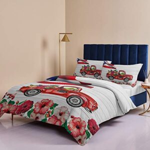 Puerto Rico Red Truck Duvet Cover Set Cali King,4 Pieces Funny Frog Hibiscus Flowers Bed Sheet Sets Soft Comforter Cover with Flat Sheet 2 Pillow Shams for Teen/Man/Woman/Toddler Flag Wood Grain