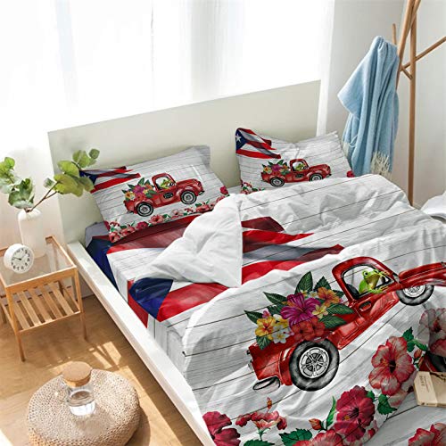 Puerto Rico Red Truck Duvet Cover Set Cali King,4 Pieces Funny Frog Hibiscus Flowers Bed Sheet Sets Soft Comforter Cover with Flat Sheet 2 Pillow Shams for Teen/Man/Woman/Toddler Flag Wood Grain