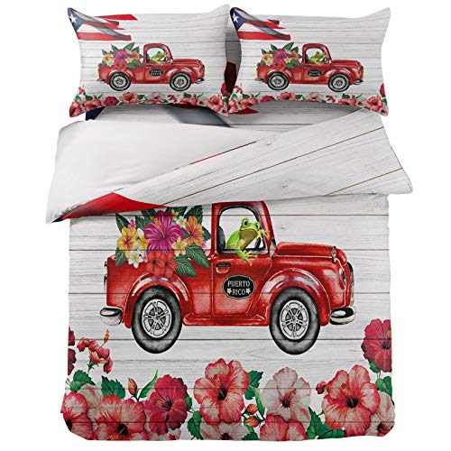 Puerto Rico Red Truck Duvet Cover Set Cali King,4 Pieces Funny Frog Hibiscus Flowers Bed Sheet Sets Soft Comforter Cover with Flat Sheet 2 Pillow Shams for Teen/Man/Woman/Toddler Flag Wood Grain