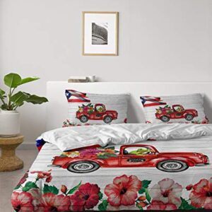 Puerto Rico Red Truck Duvet Cover Set Cali King,4 Pieces Funny Frog Hibiscus Flowers Bed Sheet Sets Soft Comforter Cover with Flat Sheet 2 Pillow Shams for Teen/Man/Woman/Toddler Flag Wood Grain