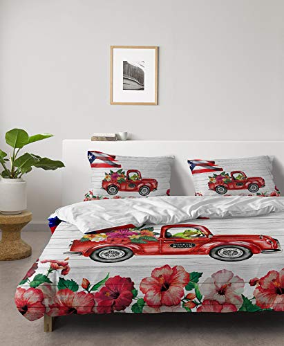 Puerto Rico Red Truck Duvet Cover Set Cali King,4 Pieces Funny Frog Hibiscus Flowers Bed Sheet Sets Soft Comforter Cover with Flat Sheet 2 Pillow Shams for Teen/Man/Woman/Toddler Flag Wood Grain