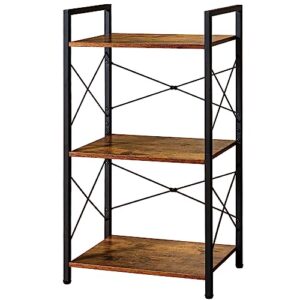 hchqhs bookshelf, 3 tier industrial bookcase, metal small bookcase, rustic etagere book shelf storage organizer for living room, bedroom, and home office (rustic)