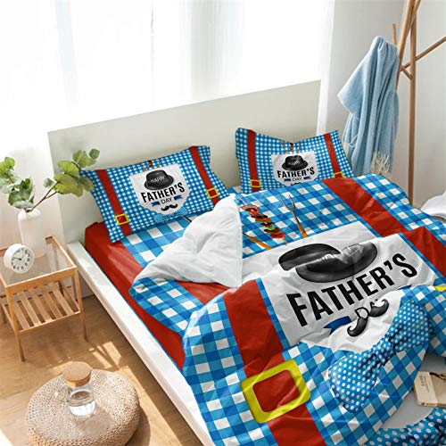 Happy Father's Day Duvet Cover Set Full,4 Pieces Black Hat with Beard Red Belt Bed Sheet Sets Soft Comforter Cover with Flat Sheet 2 Pillow Shams for Teen/Man/Woman/Toddler Blue Buffalo Checker